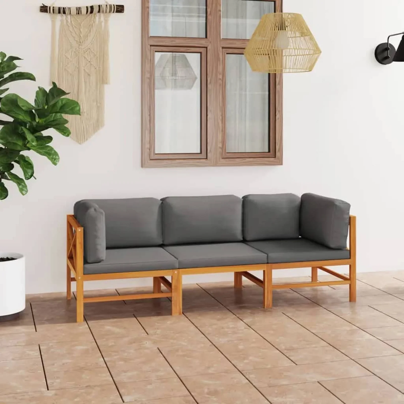 Suzicca 3-Seater Patio Sofa with Gray Cushions Solid Teak Wood