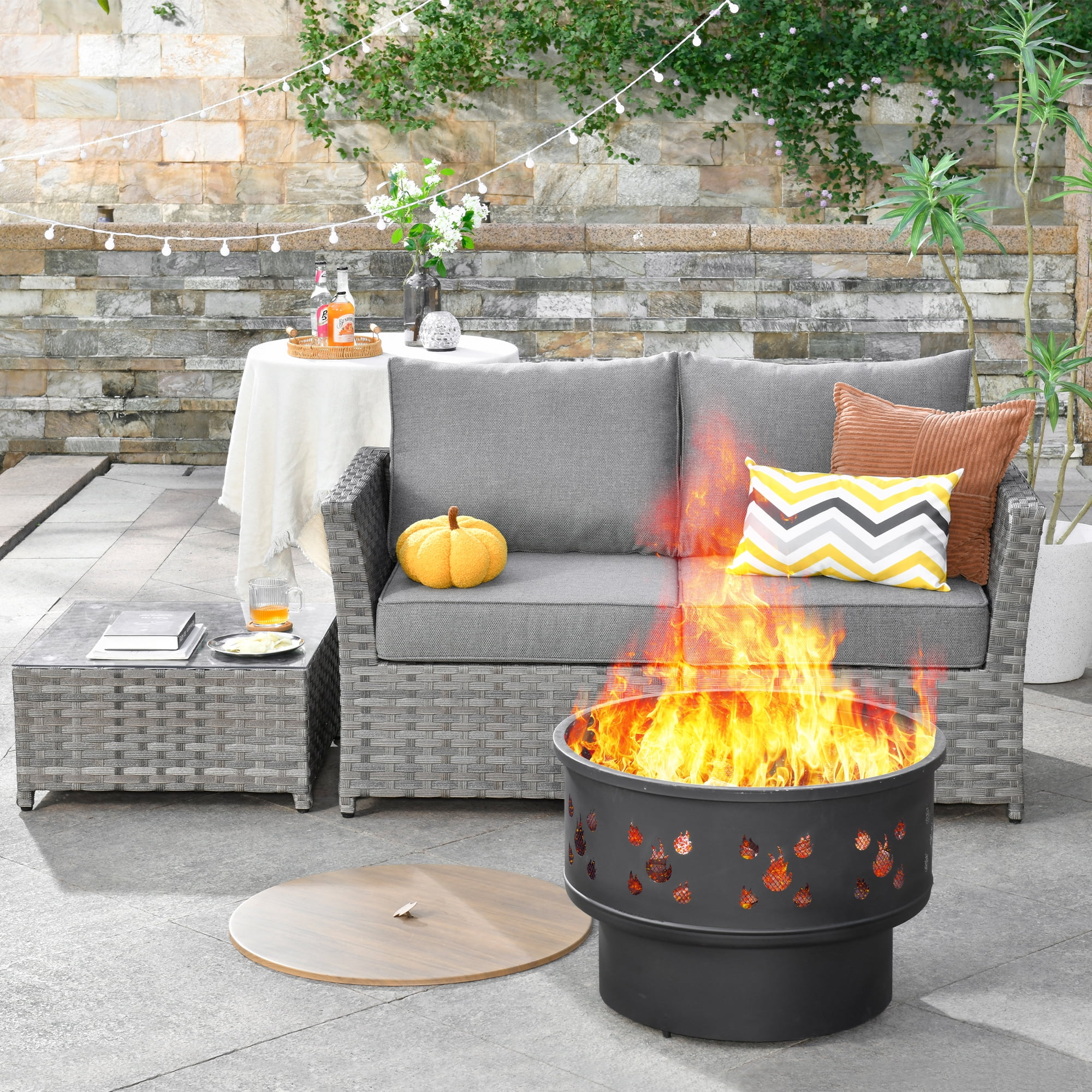 HOOOWOOO Outdoor Patio 4-piece Wicker Rattan Furniture Set with Wood Burning Fire Pit,Grey