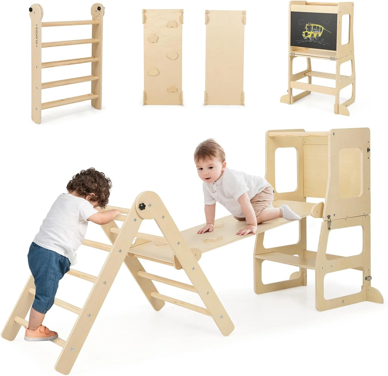OLAKIDS Climbing Toys for Toddlers, 8 in 1 Foldable Wood Pikler Montessori Jungle Gym with Toddler Tower Angle Adjustable Ladder Ramp Slide, Indoor Kids Playground Climber Triangle Set (Natural)
