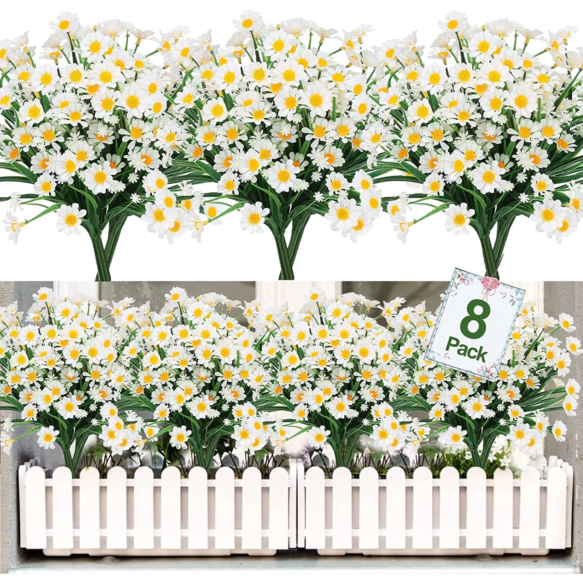 12 Bundles Artificial Daisies Flowers Outdoor, Fake Plastic Plants UV Resistant Faux Greenery for Hanging Planters Window Box Front Porch Indoor Outside Decorations（White）
