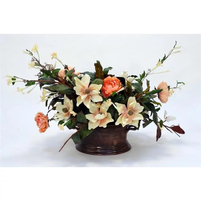 Disttive Designs 9944 Unisex Magnolia with Peach Peonies in Metal Container - Green