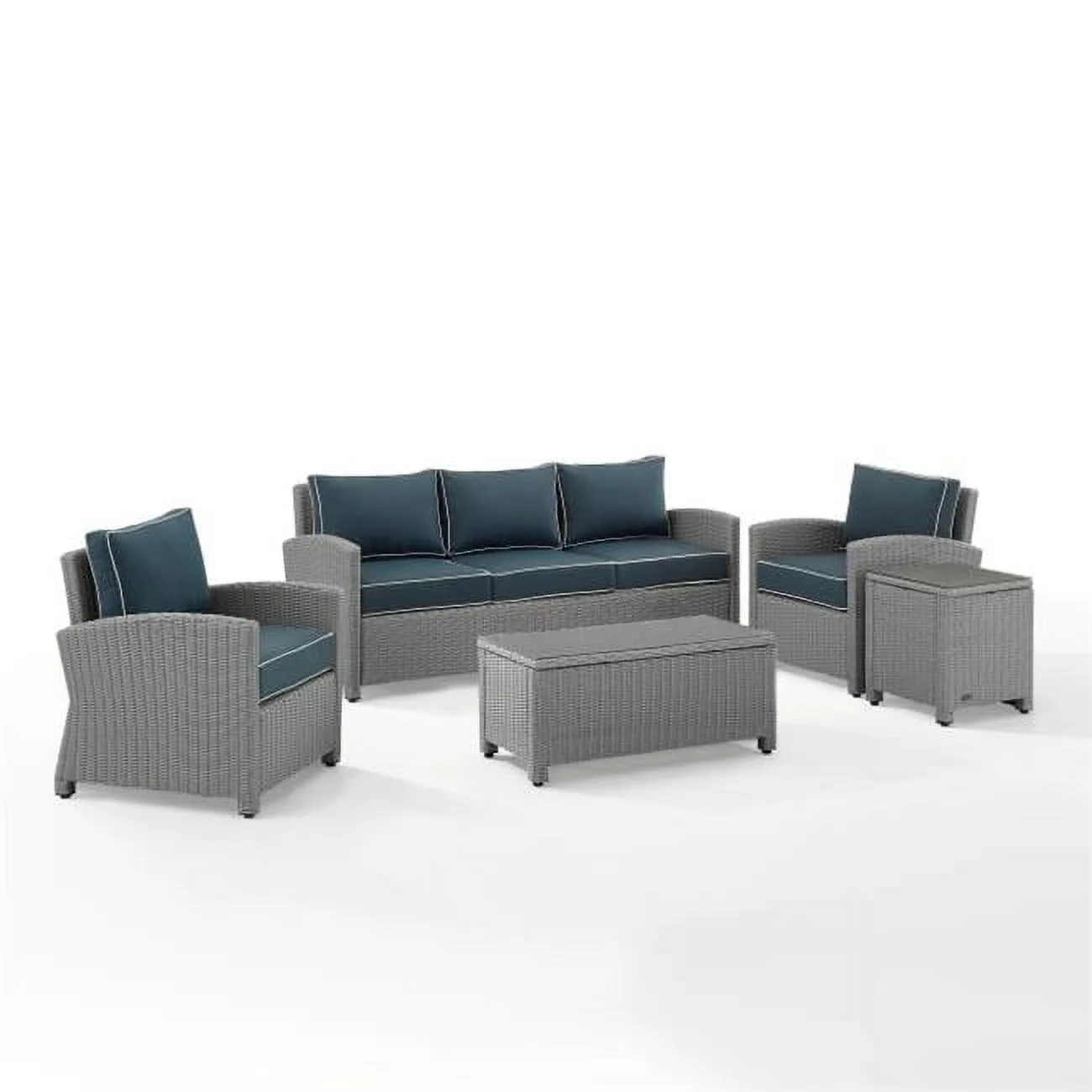 144 x 94 x 32.50 in. Bradenton Outdoor Wicker Sofa Set - Sofa - Coffee Table, Side Table & 2 Arm Chairs, Navy & Gray - 5 Piece