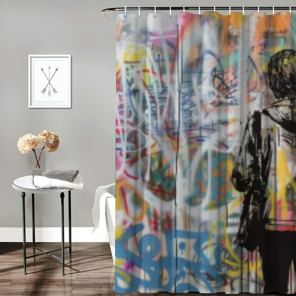 OBREWY Shower Curtain Set Street Art Monogram Graffiti Spray Paint Brick Wall Colorful Black and White Waterproof Shower Curtain Multiple Sizes White
