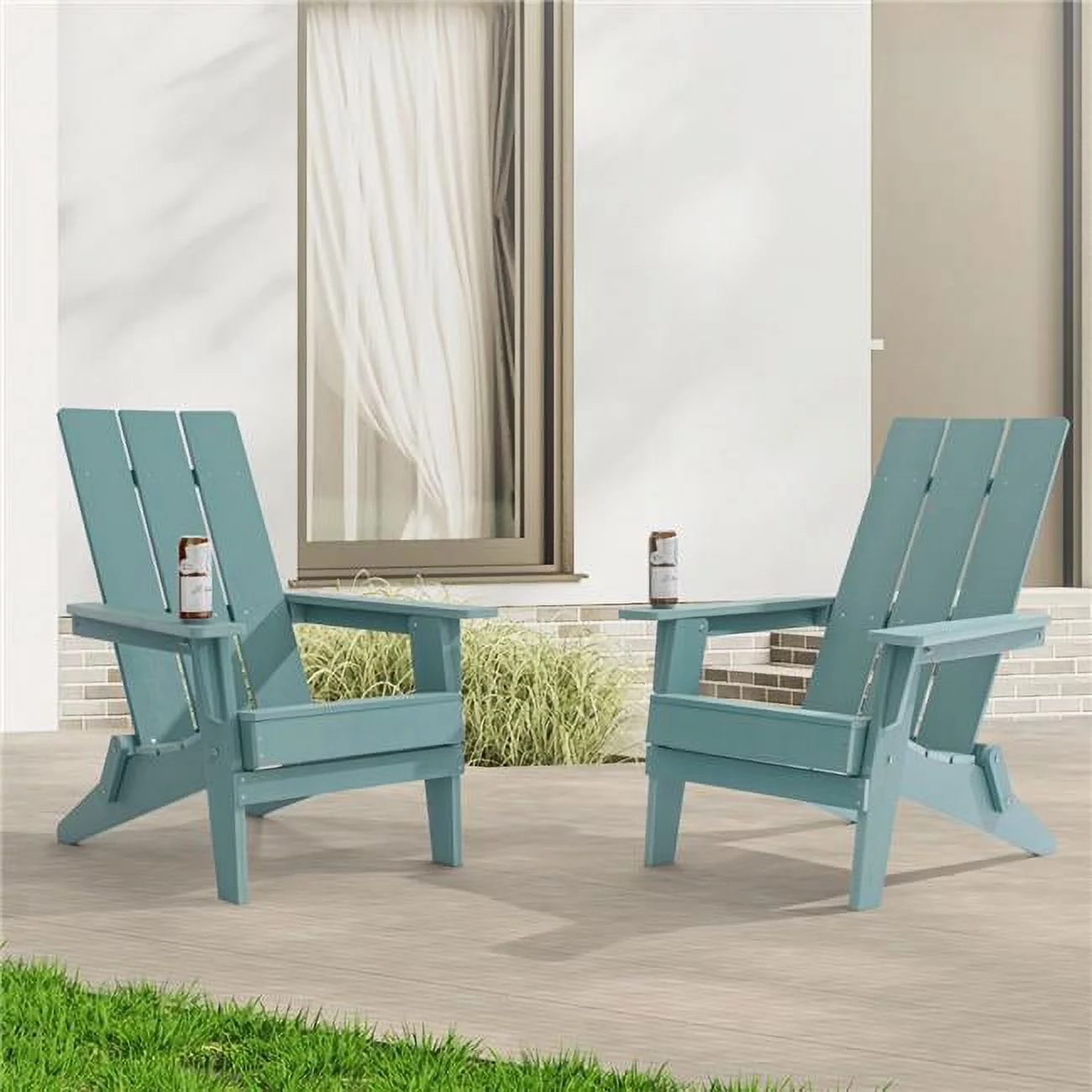 SANLUCE  Lake Blue Folding Adirondack Chair, Waterproof HIPS High Load Capacity Patio Chair With Wide Armrests (2-Pack)