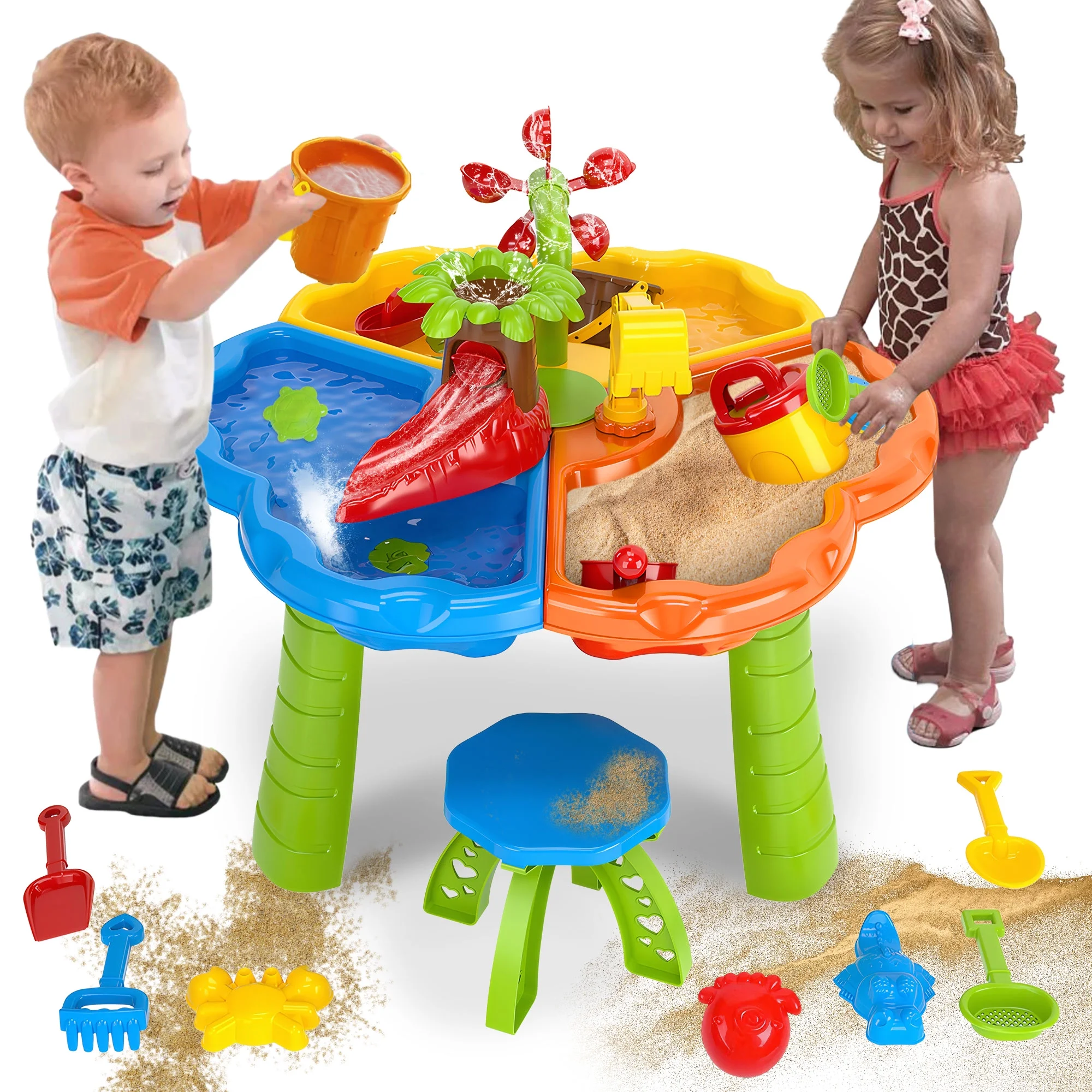 COCLUB 3-in-1 Kids Sand Water Table for Toddlers 3-5, 33PCS Sandbox Table Kids Activity Sensory Play Table Summer Outdoor Toys for Boys Girls