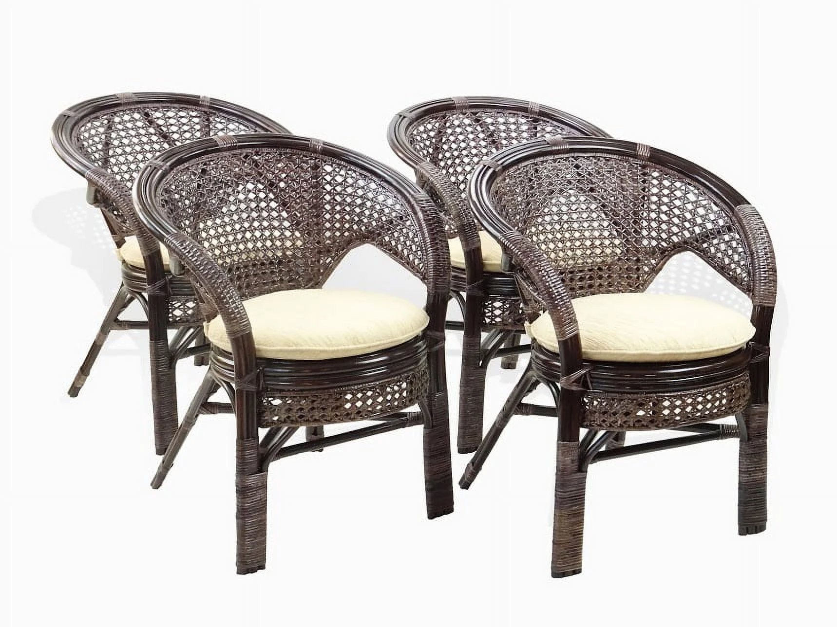 Set of 4 Pelangi Natural Rattan Wicker Dining Armchairs Handmade Design, Dark Brown