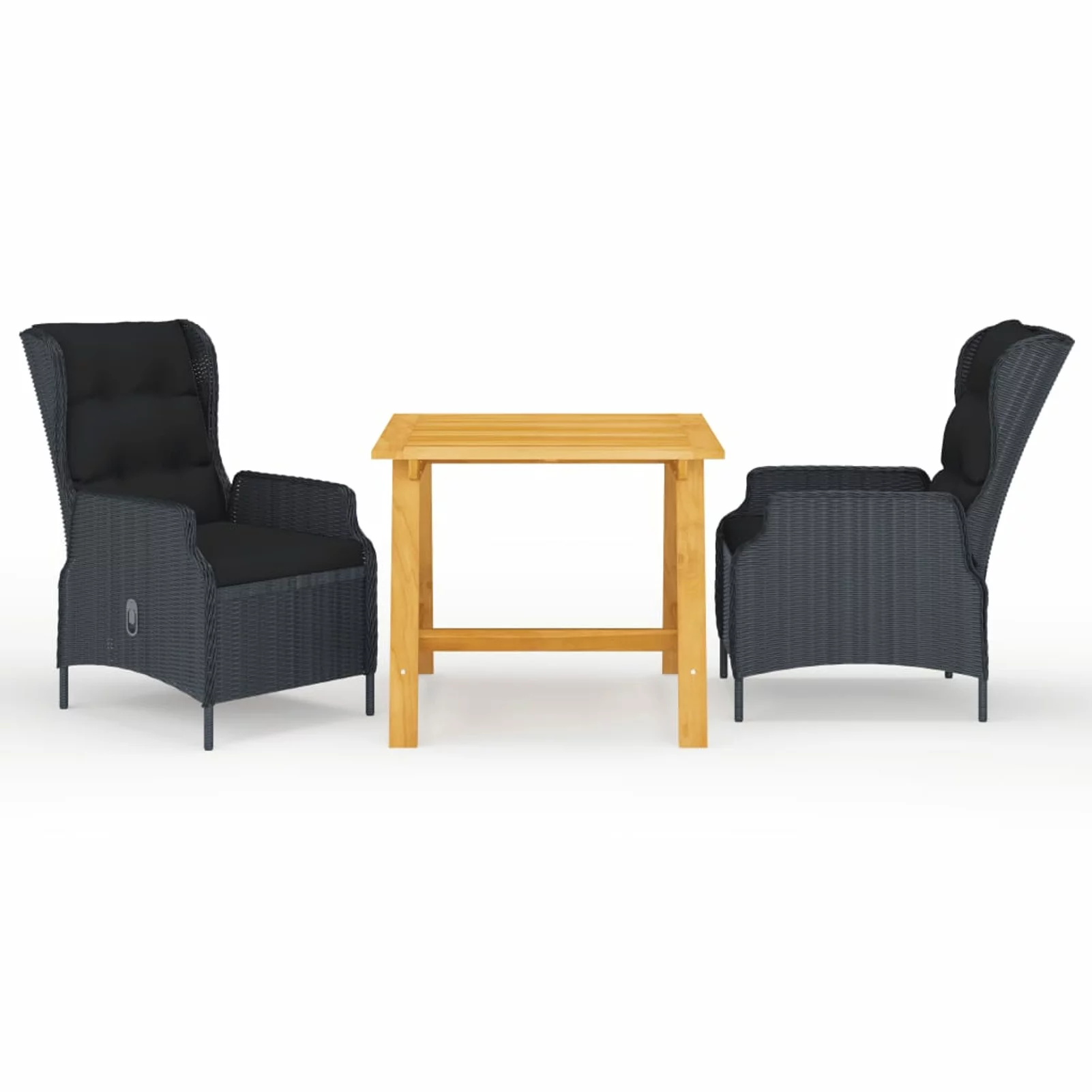 Dcenta 3 Piece Patio Dining Set Acacia Wood Table and 2 Backrest Adjustable Chairs with Seat and Back Cushion Dark Gray Poly Rattan for , Garden, Backyard, Balcony