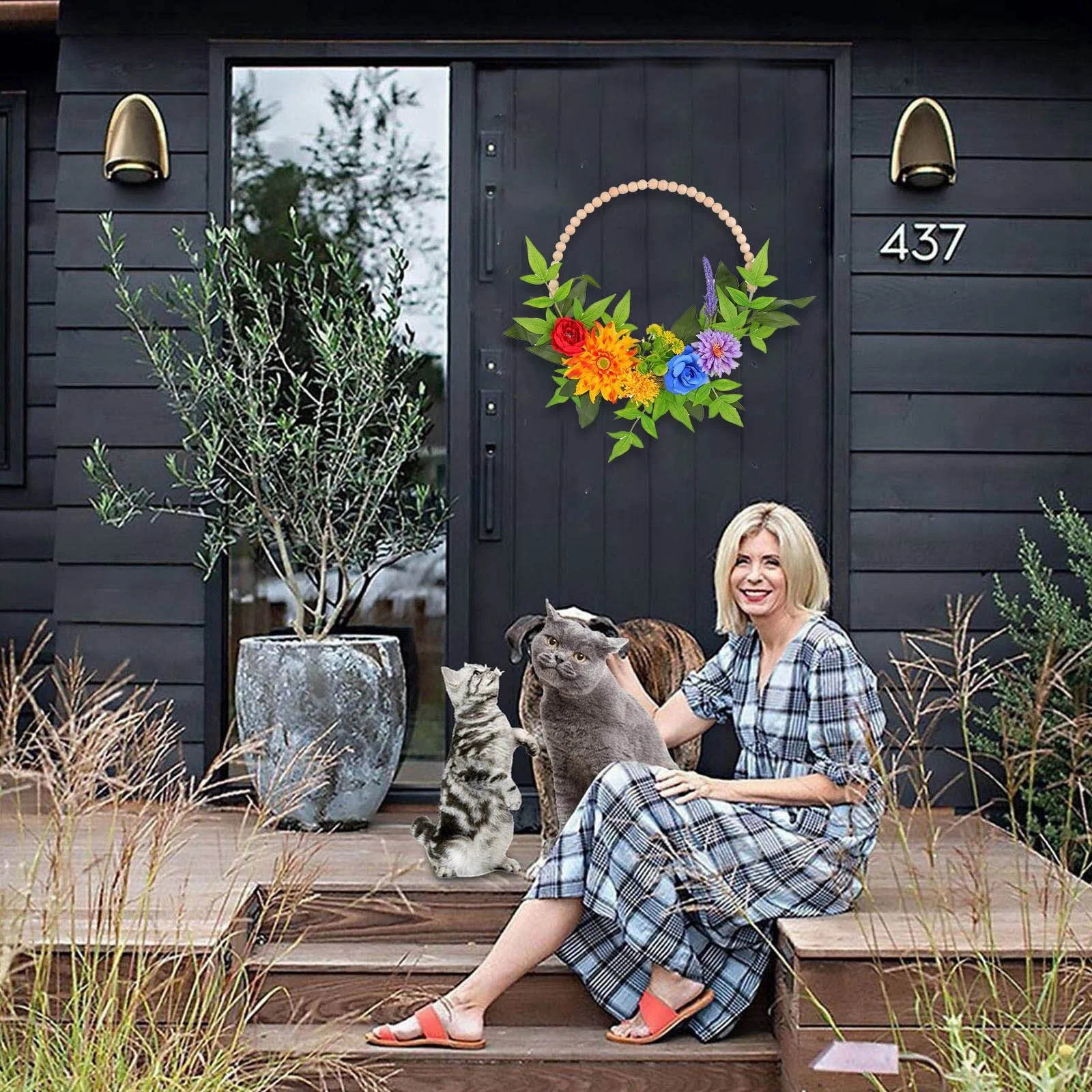 Creative Wooden Beads Flower Hoop Door Hanging Spring And Summer Garland Wreath Hanging Decoration Outdoor Shooting Props Farmhouse Front Door Wreath Decoration For Indoor Outdoor Home Decor