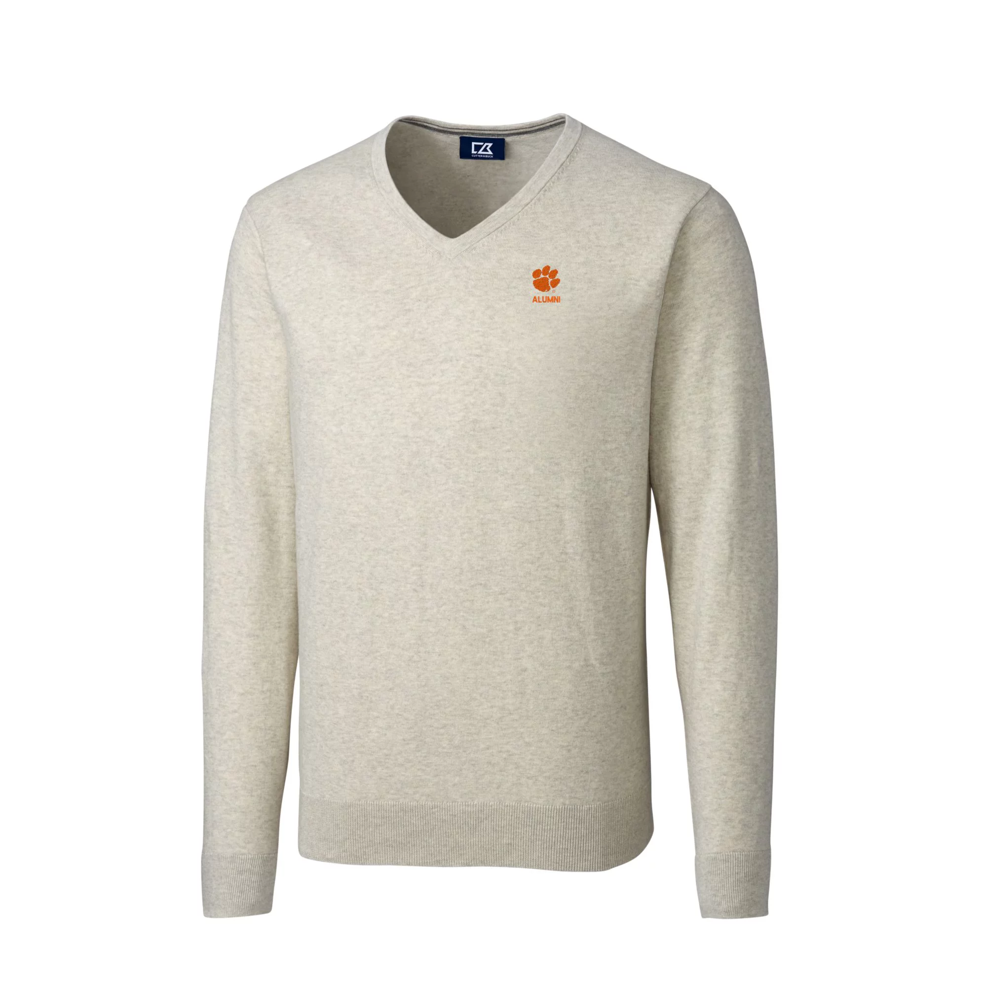 Men's Cutter & Buck  Oatmeal Clemson Tigers Alumni Logo Lakemont Tri-Blend V-Neck Pullover Sweater