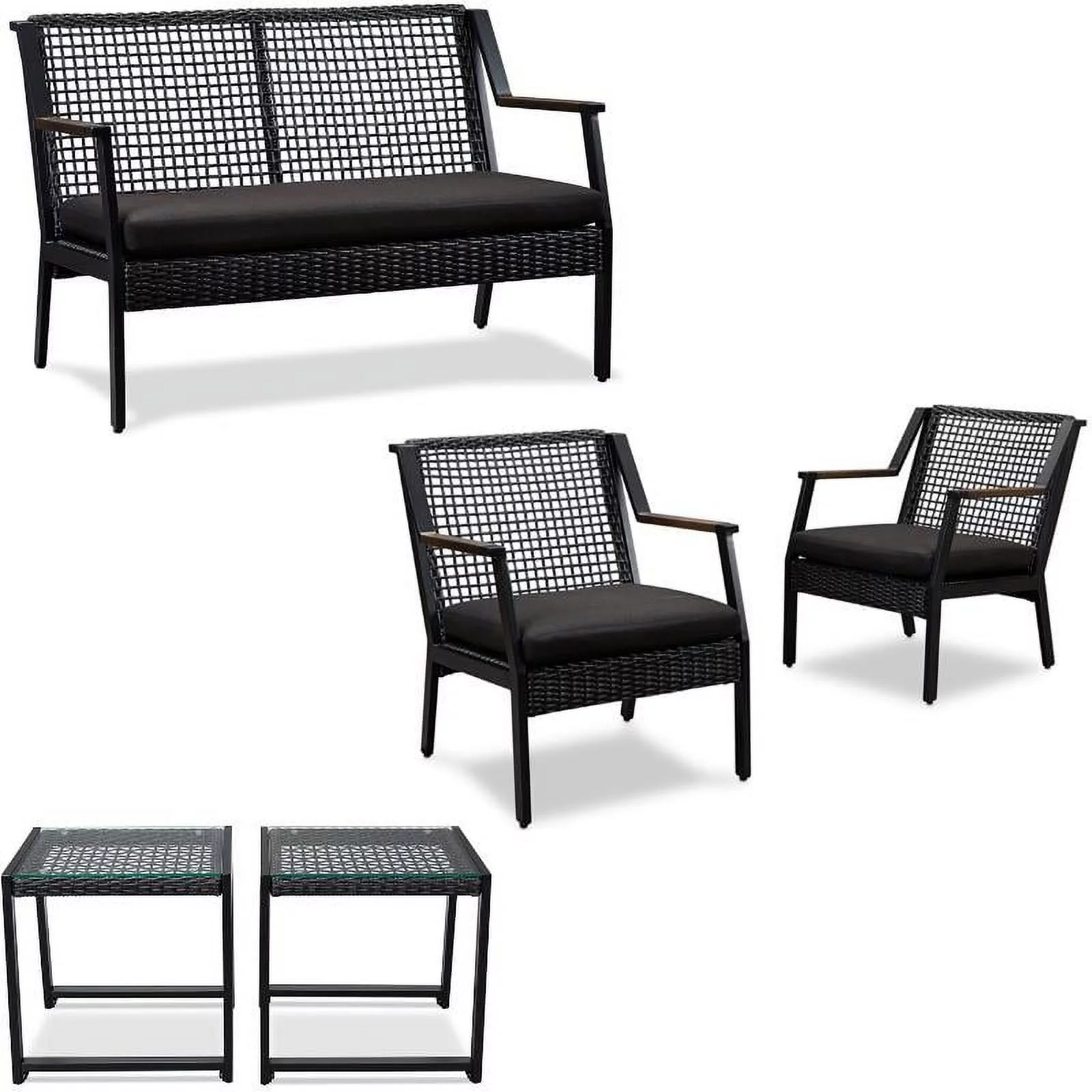 Home Square 5 Piece Garden Patio Set with Bench 2 Chairs and 2 End Tables