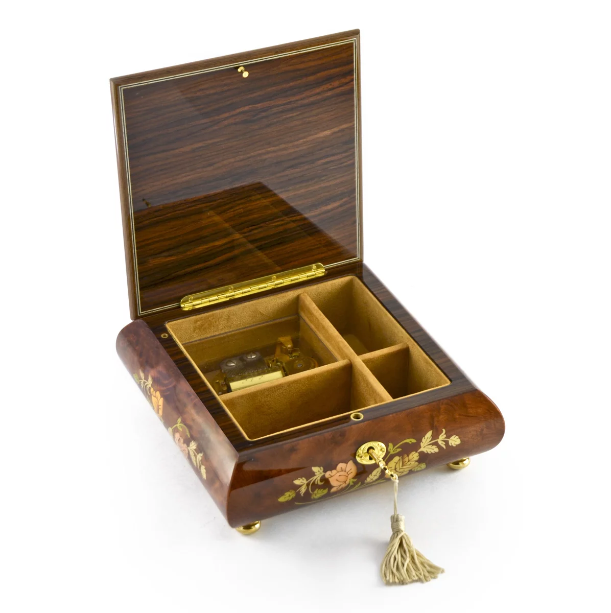 Gorgeous 18 Note Spring Roses Inlay Musical Jewelry Box with Lock and Key - We Are the Champions