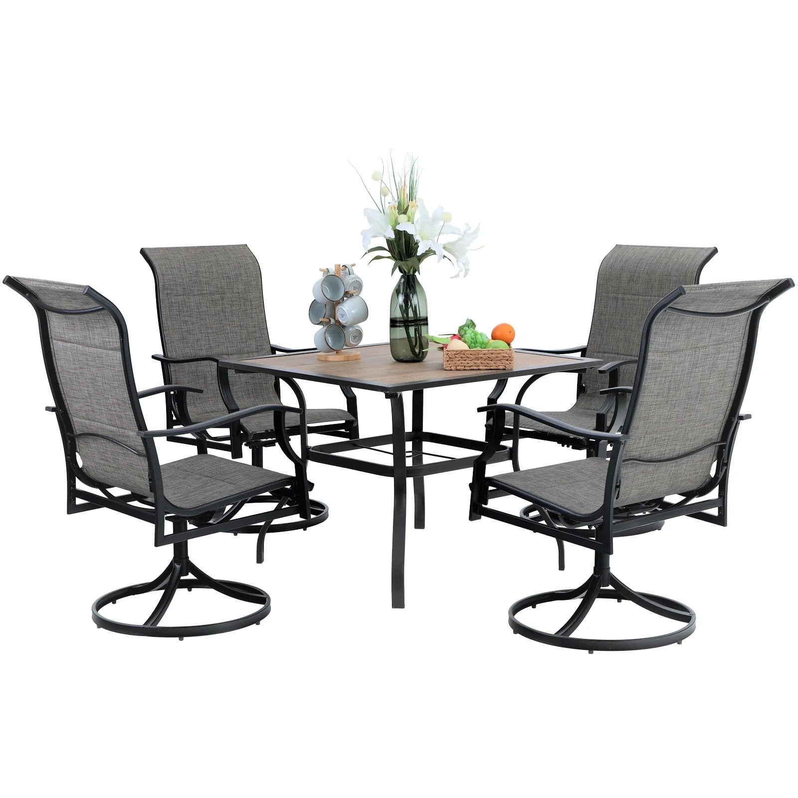 Patio Dining Set , 4/6  Textilene Chairs and 1 Wood-like Table with Umbrella Hole +Swivel Chairs 37