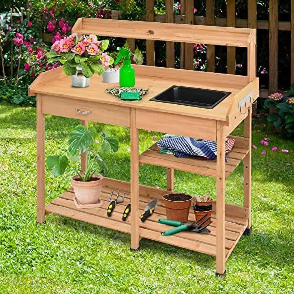 LNSETGC Garden Potting Bench Table Wood Potting Work Table for Yard Plant Lawn Patio Indoor Outdoor Workstation Flower Pot Bench w/Sink  Drawer  Hooks and Open Shelves Gardening Tables fo