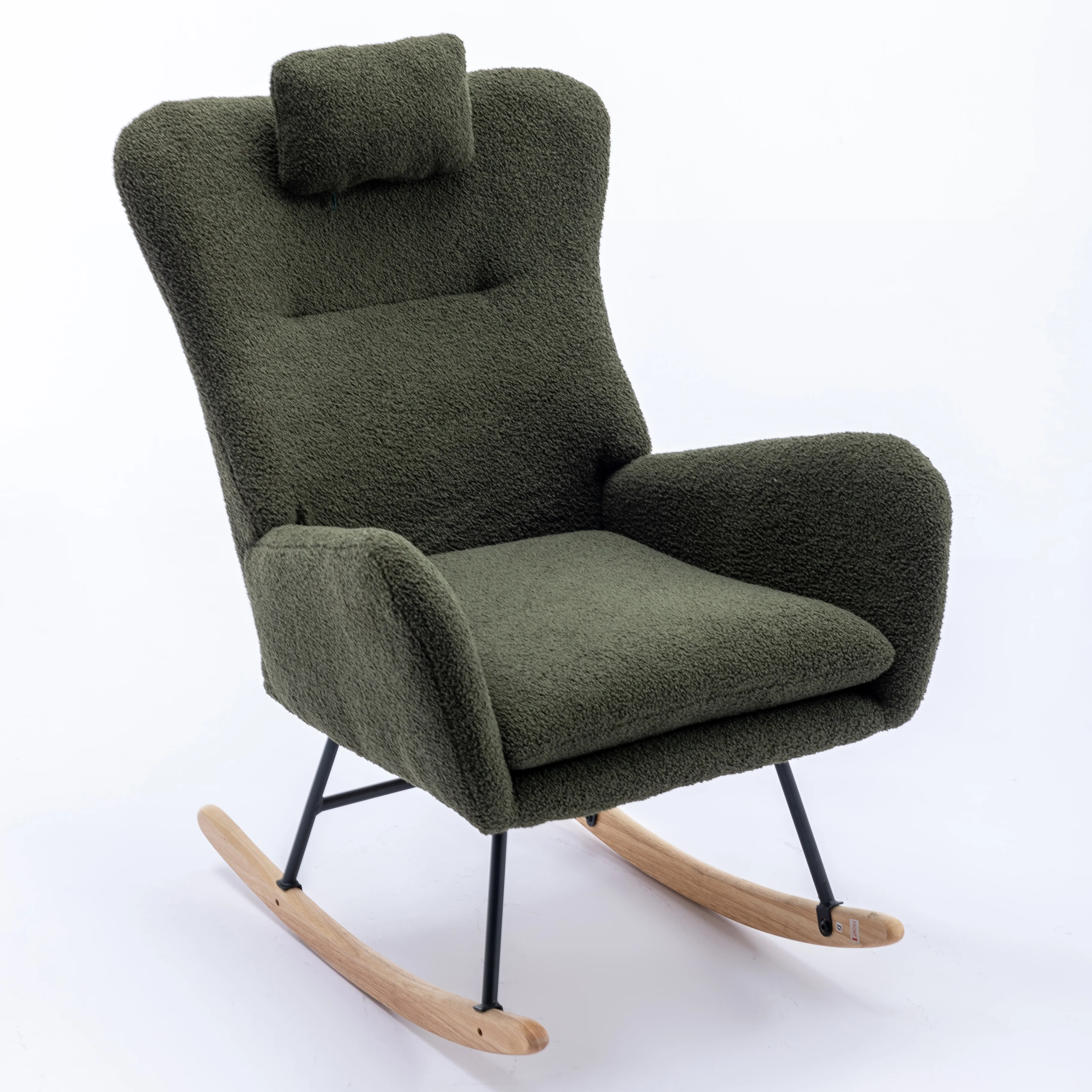 Homiyad 35.5 Inch Rocking Chair, Soft Teddy Velvet Fabric Rocking Chair for Nursery, Comfy Wingback Glider Rocker with Safe Solid Wood Base for Living Room Bedroom Balcony (Dark Green)