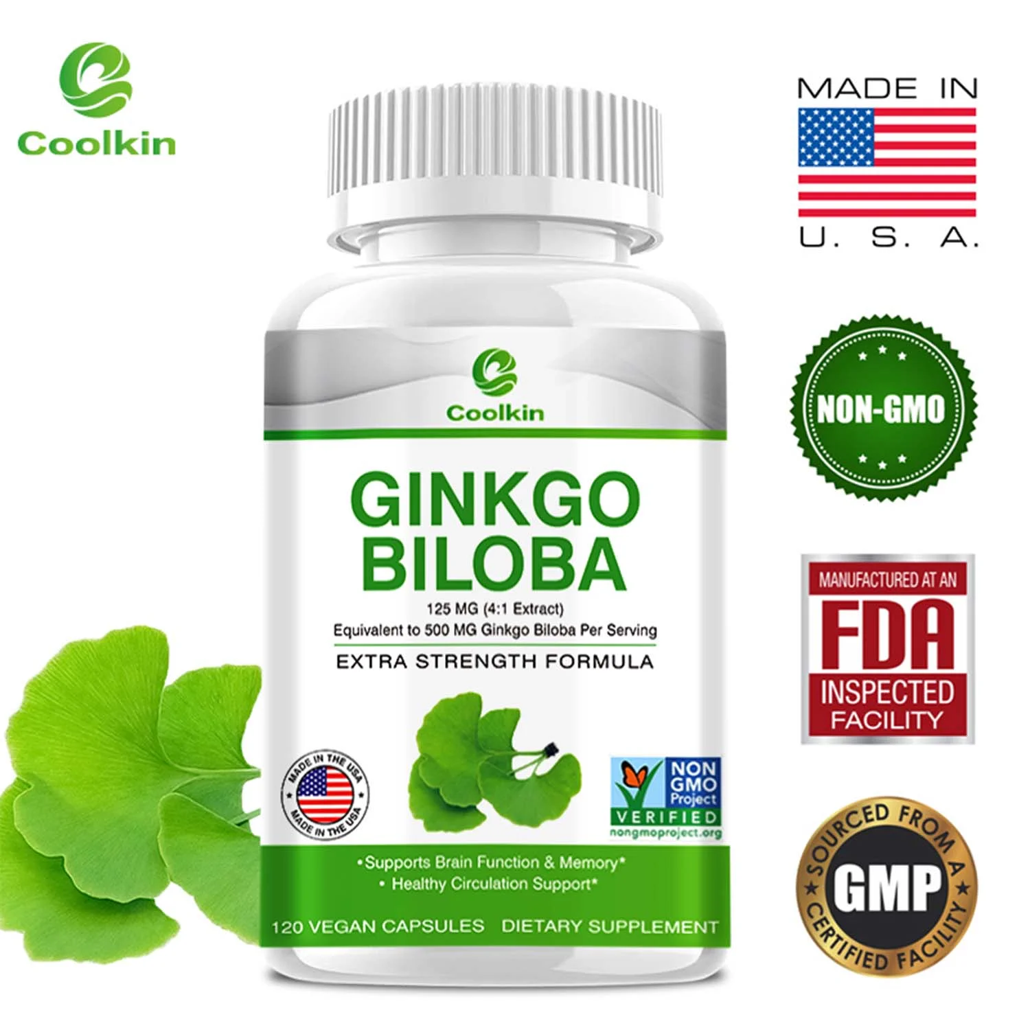 Coolkin Ginkgo Biloba Capsules-Support Brain Function,Improve Memory,Enhance Cognition(30/60/120pcs)