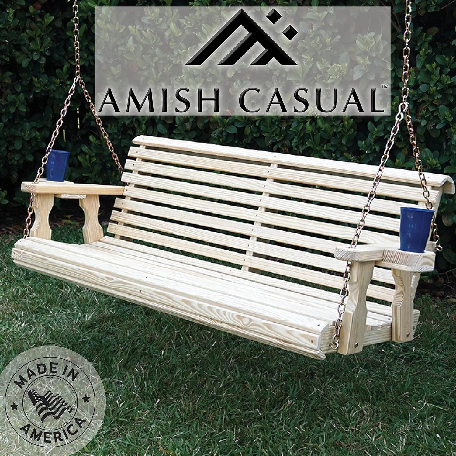 Heavy Duty 800 Lb Roll Back 4Ft. Treated Porch Swing With Cupholders