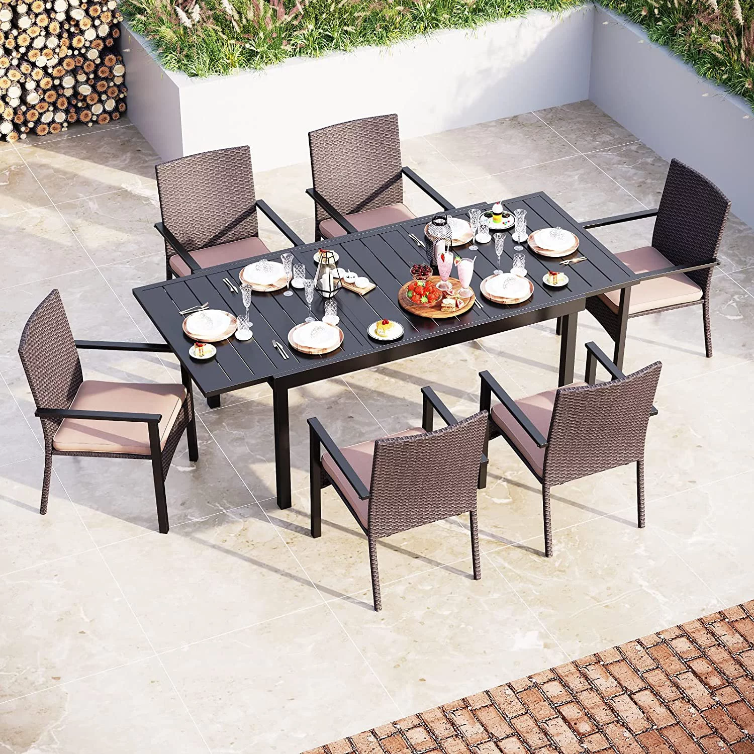 & William Outdoor Patio 7 Pieces Dining Set with 6 PE Rattan Chairs and 1 Rectangle Expandable Metal Table  Modern Outdoor Furniture with Seat Cushions for Poolside  Porch  Patio  Bal