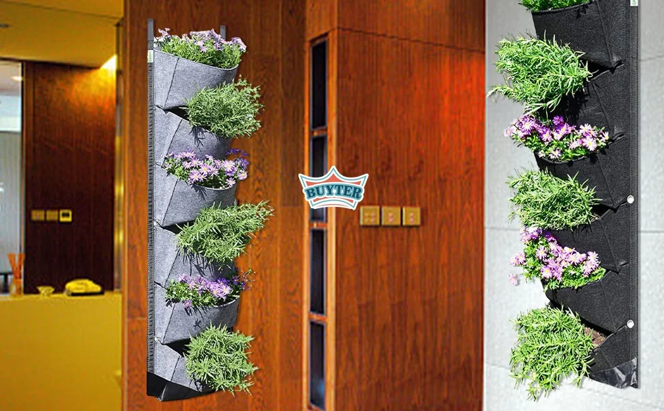 BUYTER Vertical Wall Hanging Garden Planter with 6 Pockets Flower Pots Felt Planter Grow Container Bags (Grey)