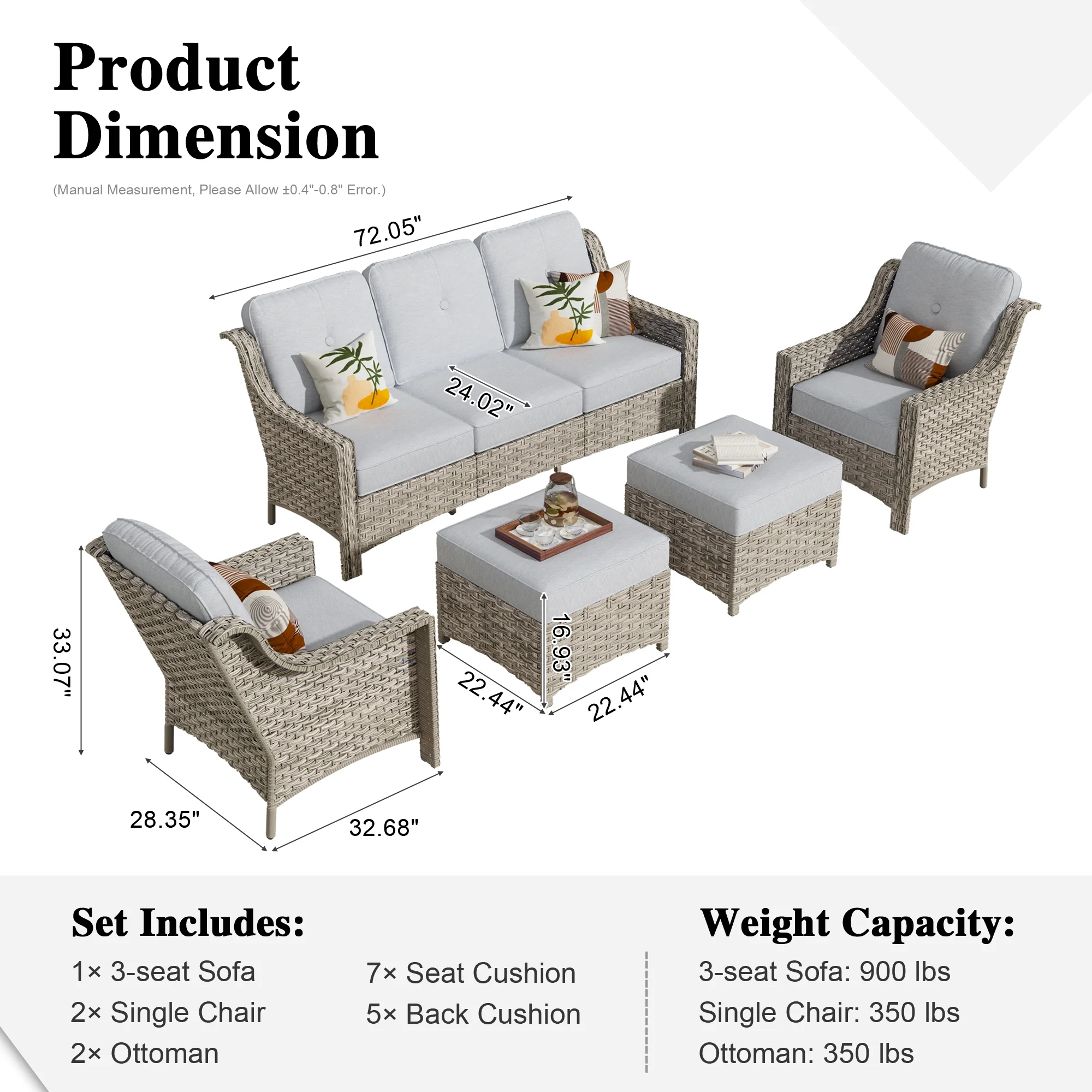 HOOOWOOO Outdoor Patio Furniture Set PE Wicker Rattan 3 Seat Sofa Conversation Set with Chair and Ottoman,Grey