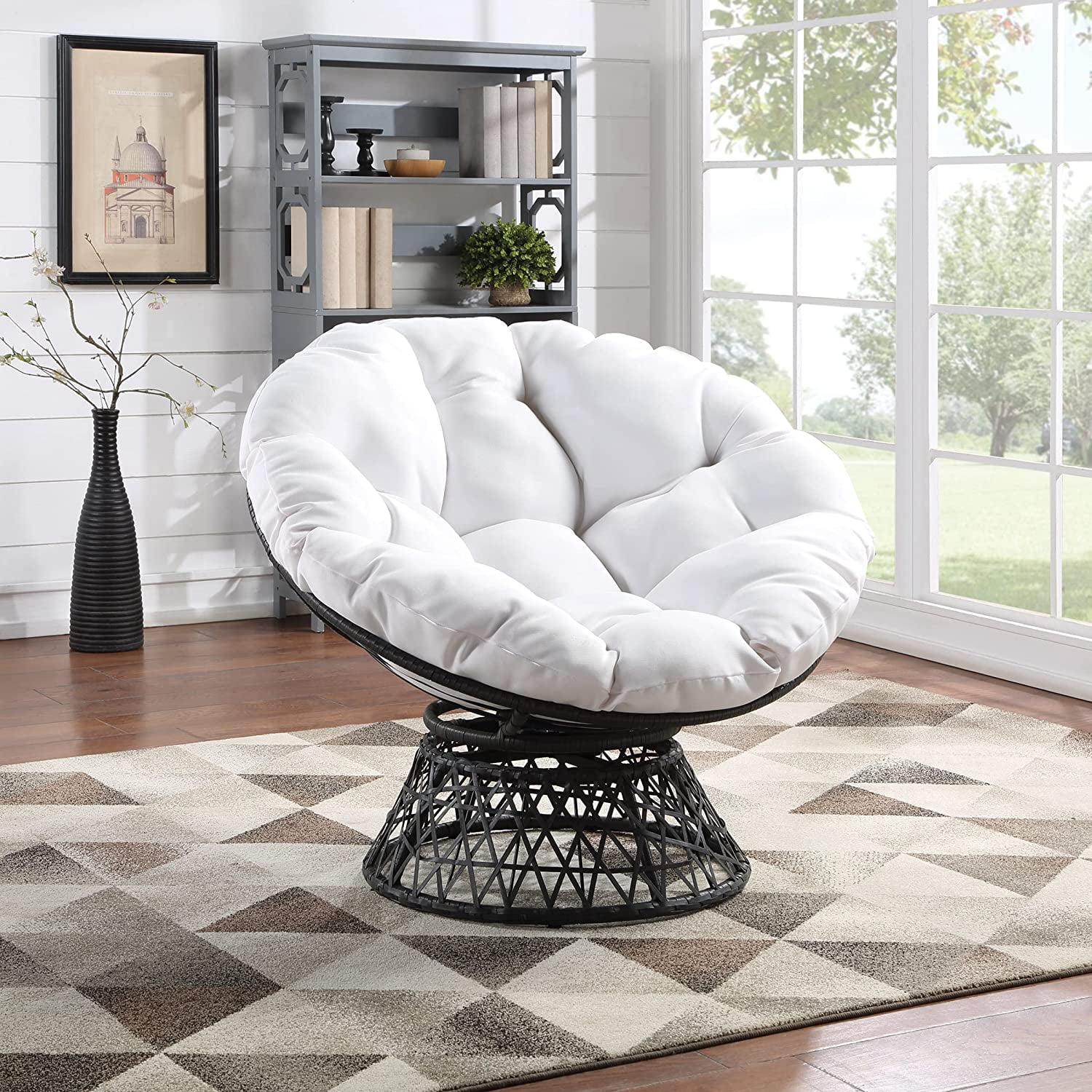 WYZQ Wicker Papasan Chair with 360-Degree Swivel  Grey Frame with White Cushion