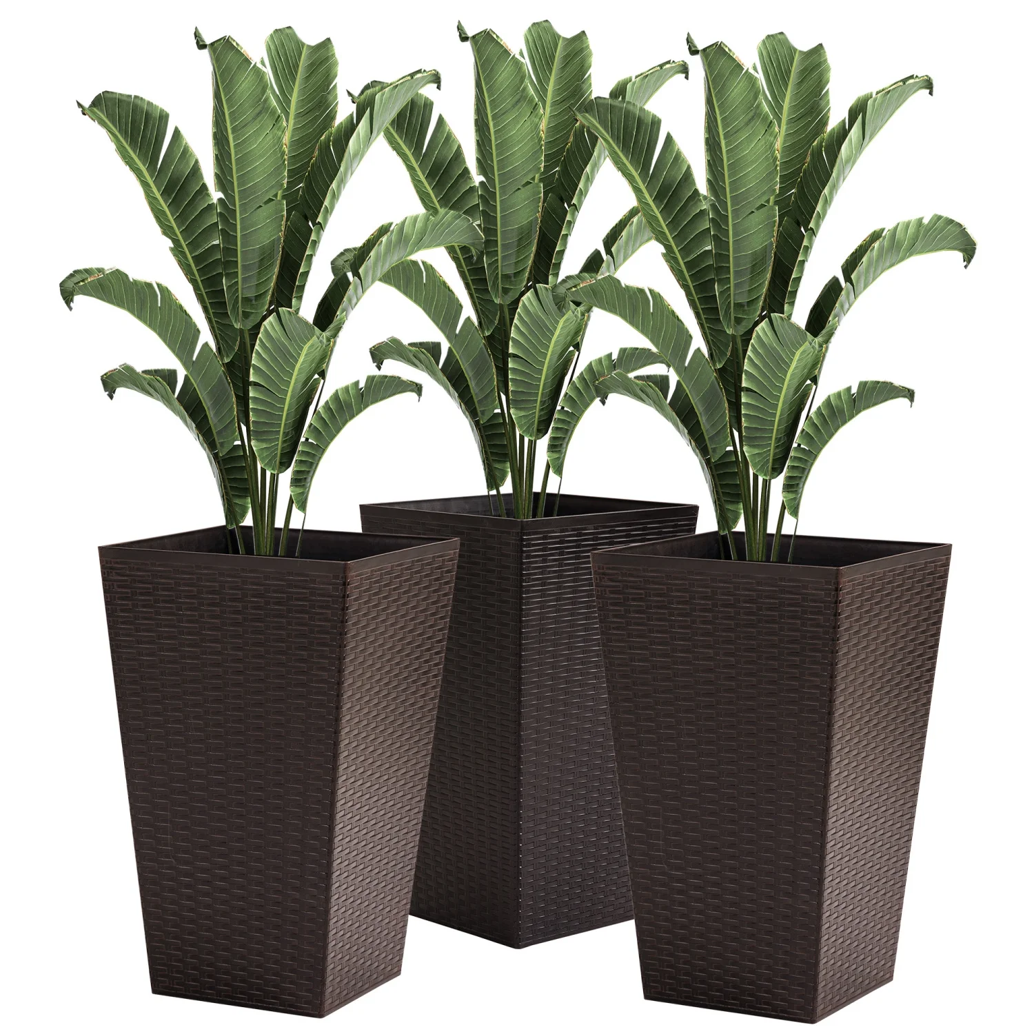 YLtoohoom Set of 3 Tall Planters with Drainage Hole  Outdoor Flower Pots  Indoor Planters for Porch  Front Door  Entryway  Patio and Deck  Brown