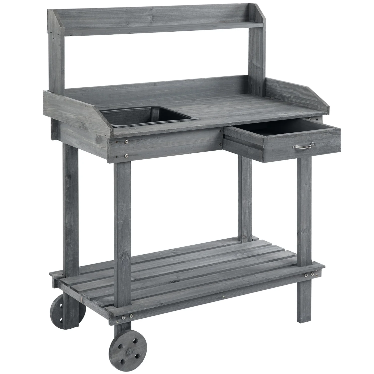 LEIYEHOOM 36‘‘ Wooden Potting Bench Work  with 2 Removable Wheels  Sink  Drawer & Large  Spaces  Gray