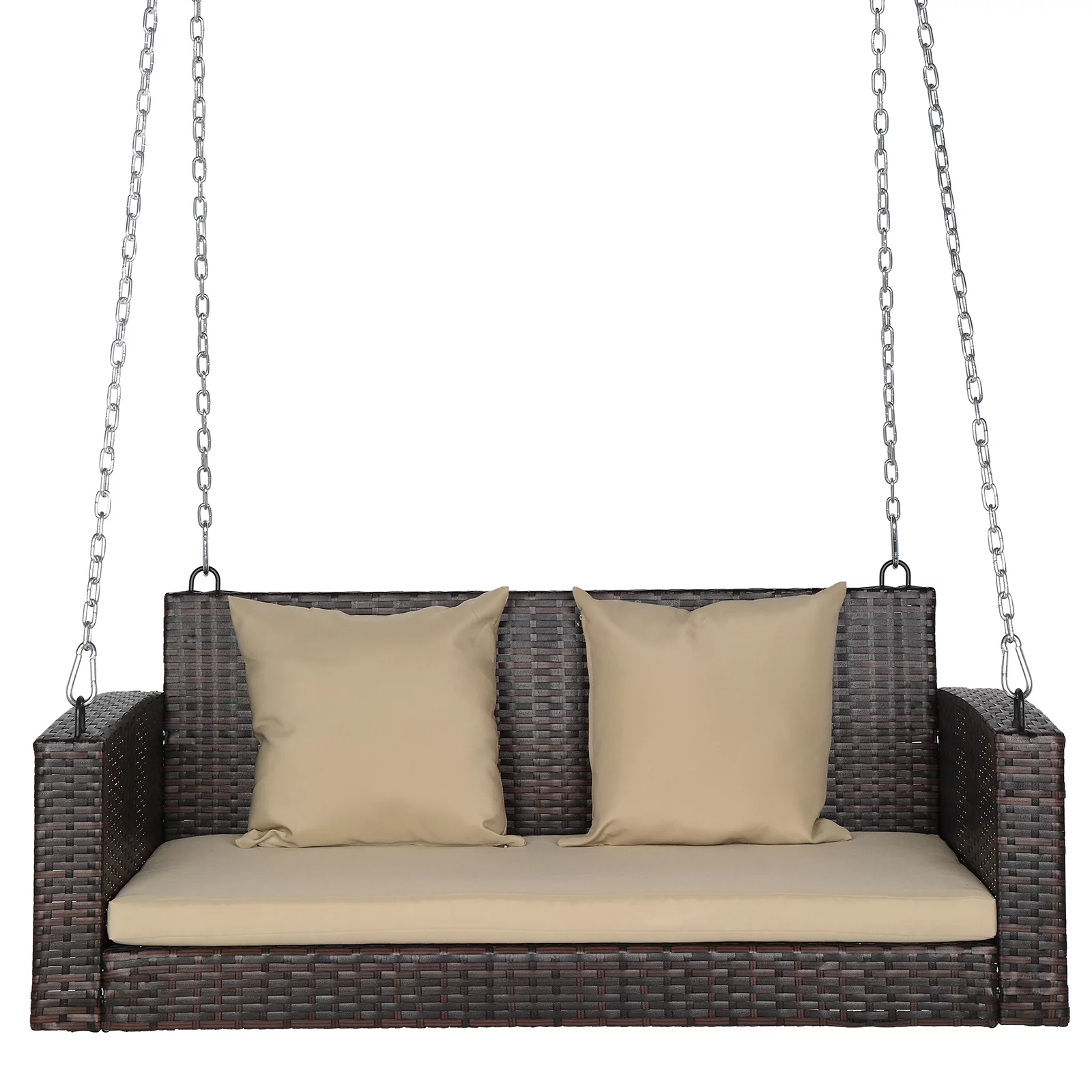 49 Brown Gradient Rattan Swing Chair with Beige Cushion - Comfortable, Stylish, Durable - Perfect for Relaxing Outdoors