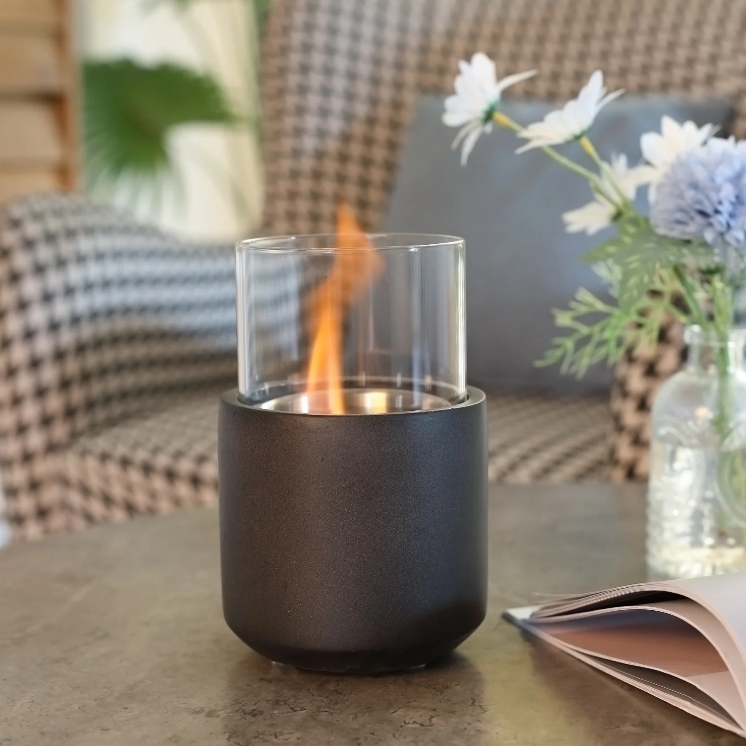 SQEWRED Tabletop Fireplace  Mini Concrete Ethanol Fire Bowl with Lid  Burns up with Liquid Alcohol and Solid Tablet Alcohol  Dark Grey