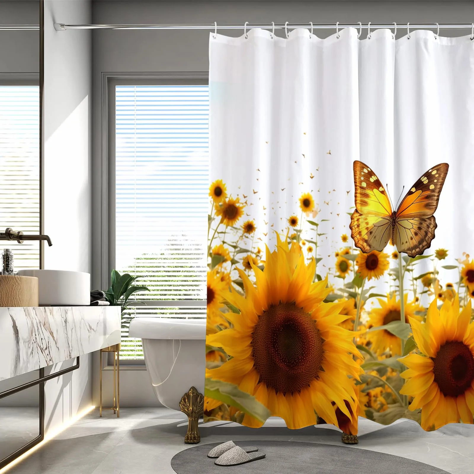 Sunflower Butterfly Shower Curtain Set, Butterfly Shower Curtains for Bathroom Waterproof Polyester Fabric Shower Curtain with 12 Hooks, 72x72 inches