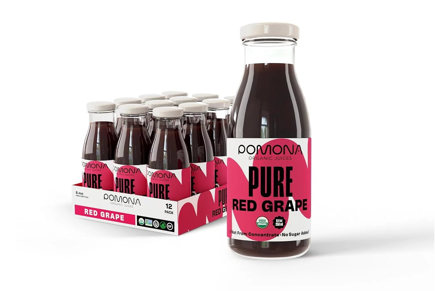 Pomona Organic Juices Pure Grape Juice, 8.4 Ounce Bottle (Pack of 12), Cold Pressed Organic Juice, Non-GMO, No Sugar Added, Not from Concentrate, Gluten Free, Kosher Certified, Preservative Free