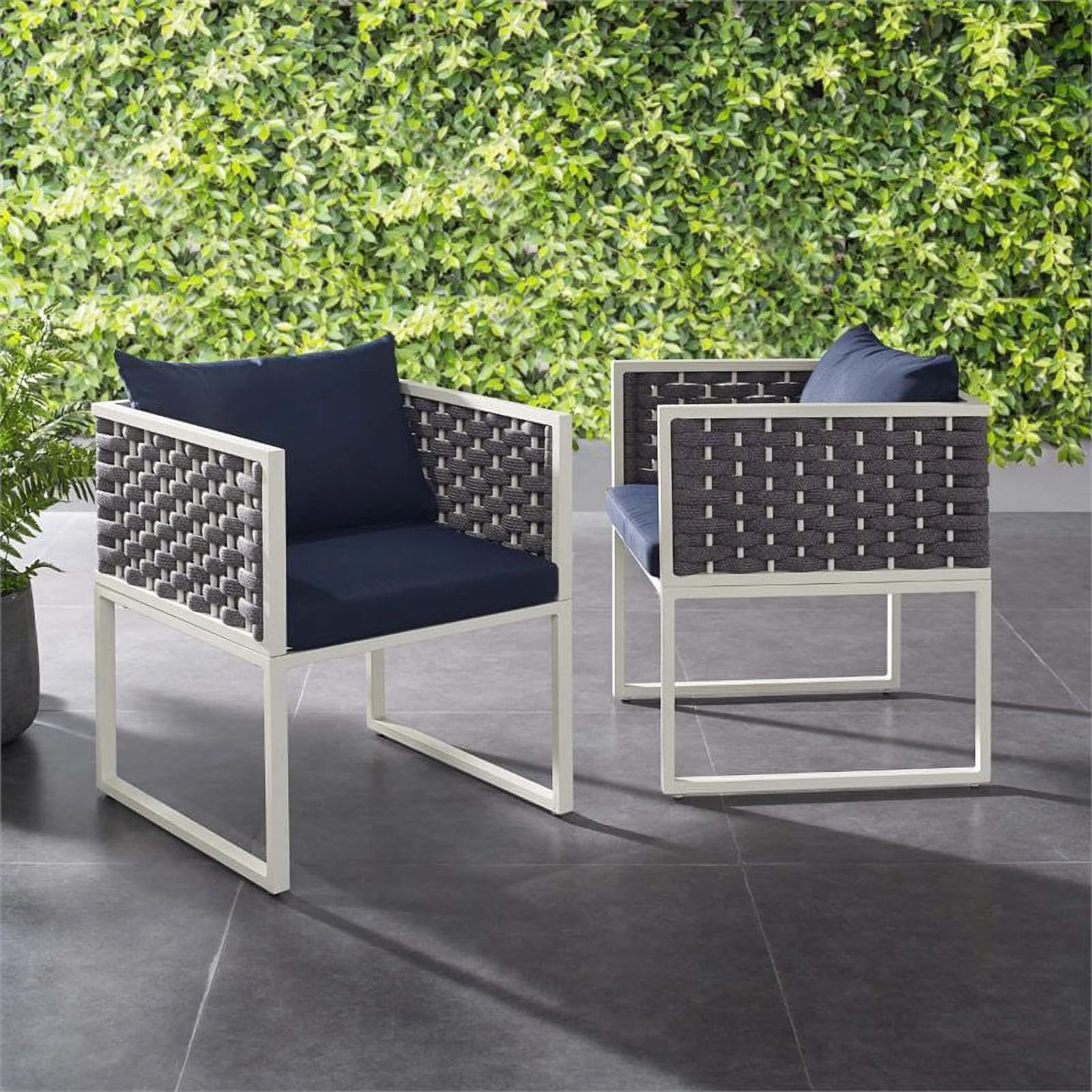 Pemberly Row  Aluminum Patio Dining Armchair in White and Navy (Set of 2)