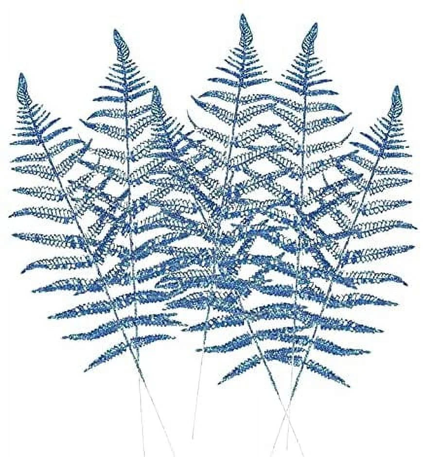 Nvzi Decorative Glitter Hollow Leaf, 10pcs Artificial Fern Plant Persian Stem Leaves Christmas Spray Ornament for Holiday Party Xmas Tree Decor （Blue）