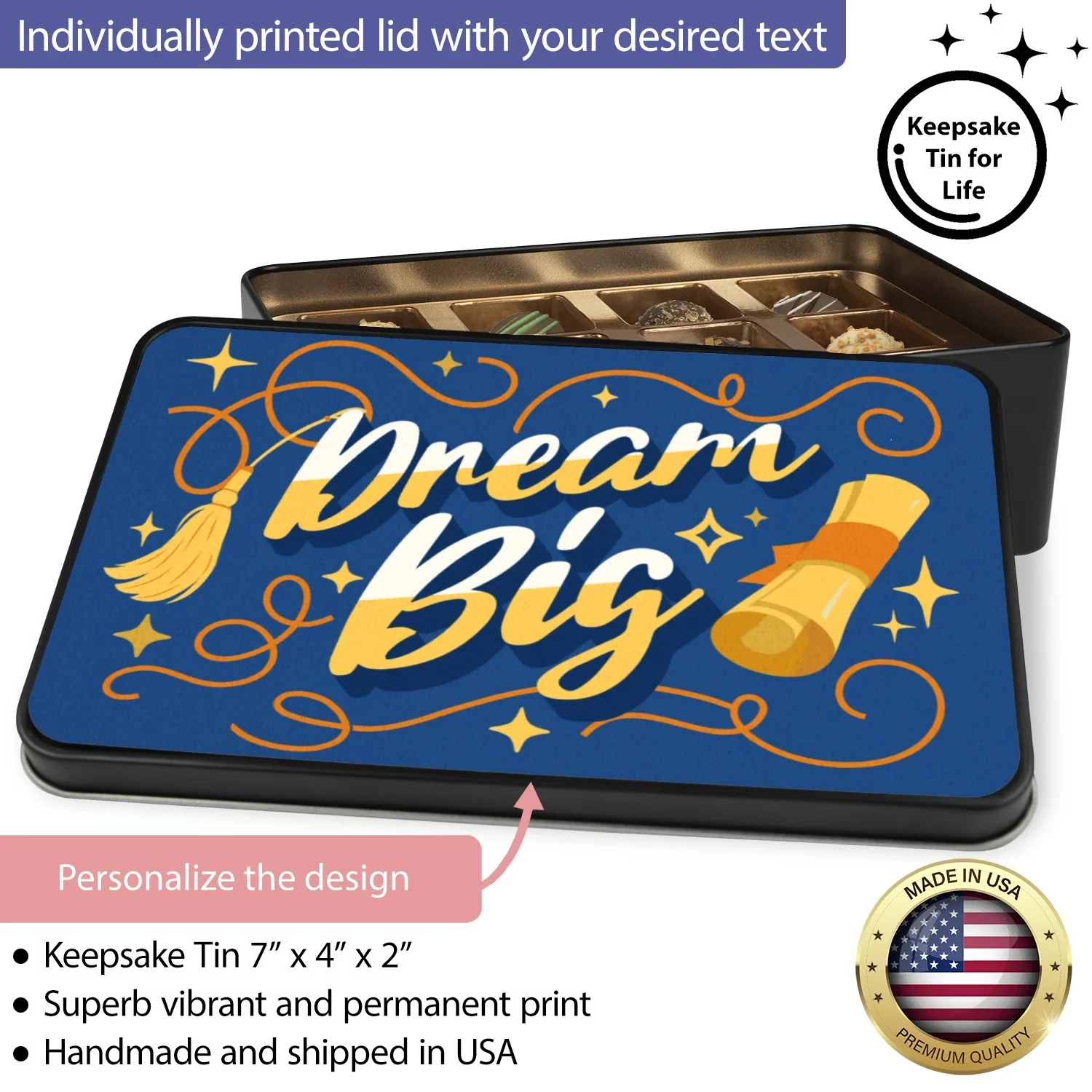 Dream Big Truffle Box - Blue Background with Diploma Graphic - 12 Decadent Assorted Flavors