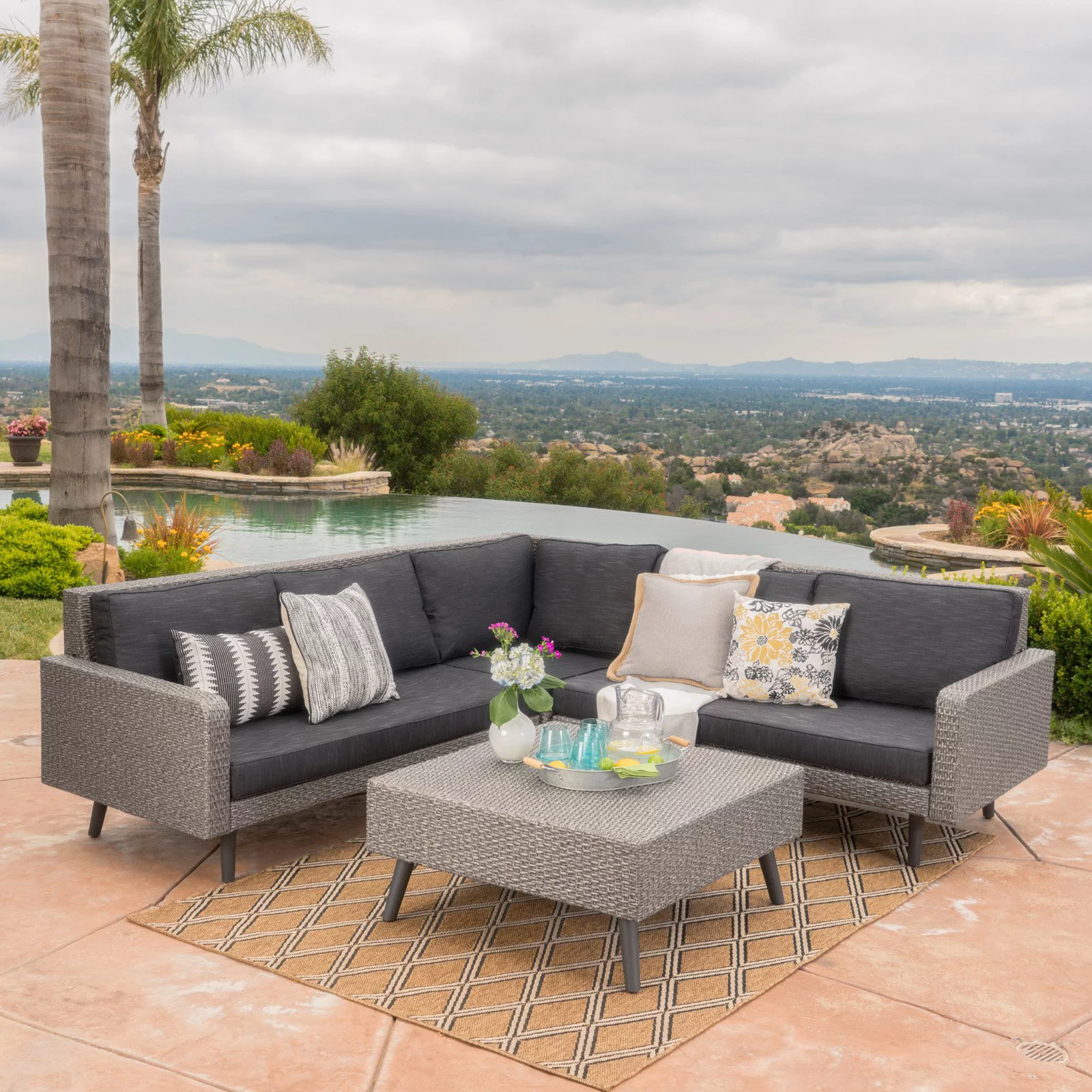 Christopher Knight Home Tahiti Outdoor 4-piece Wicker Sectional Sofa Set with Cushions by  Grey