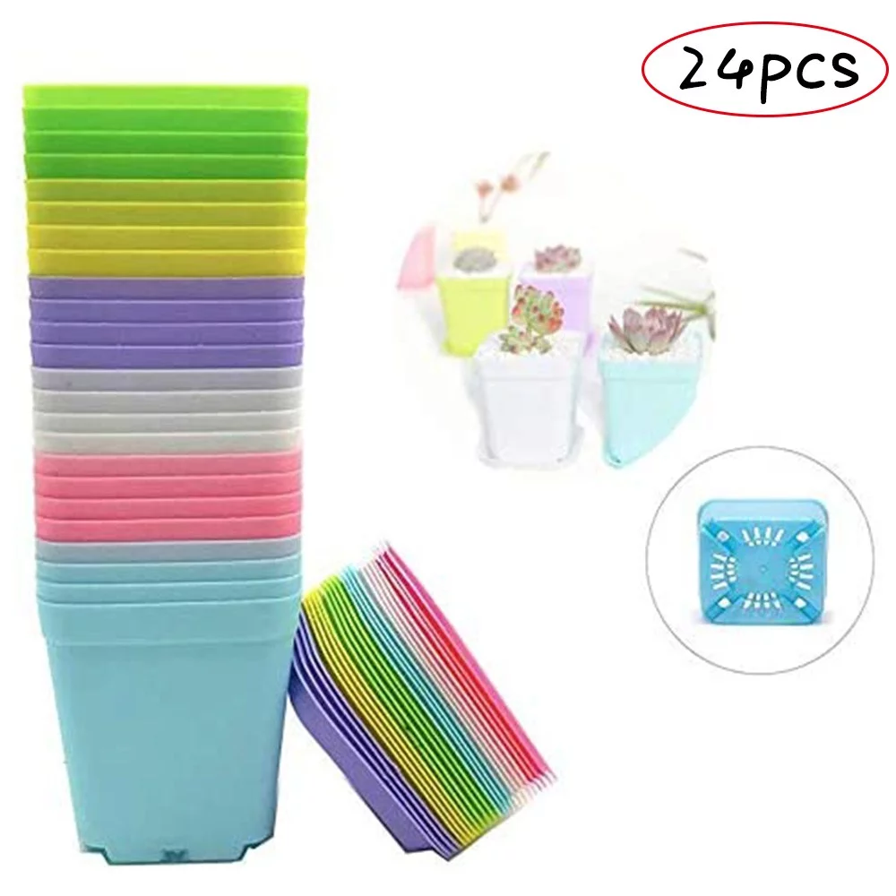 Sufanic 24Pcs Mini Square Plastic Plant Flower Pot Planter Colorful with Pots Trays