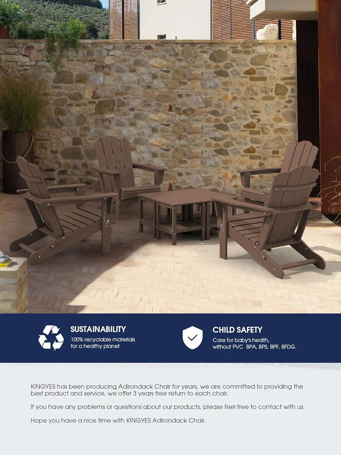 KINGYES Folding Adirondack Chair, HDPE All-Weather Folding Adirondack Chair, Brown