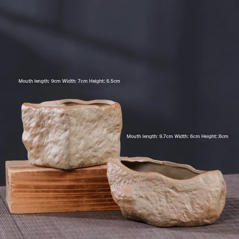 Rough Ceramic Small Stone Succulent Plant Ceramic Flower Pot Retro And Simple New Suite New Set Combined Potting With Holes 1 Coarse Pottery Medium Stone Ceramic