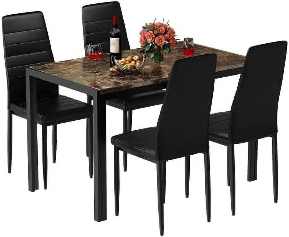 HBLUKDL MIERE 5-Piece Faux Marble Kitchen Table & Chair Set  4 PU Metal Frame Chairs for Small  Modern Compact Space for Home  Breakfast Nook Cafeteria Dining Room w/ Racks  01 White