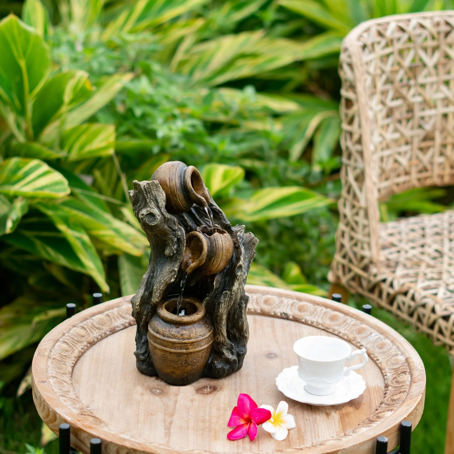 TQJKLFDY 7.7x3.9x13.6” Brown and Gray Water Fountain with Antique Water Pump Design and LED Light