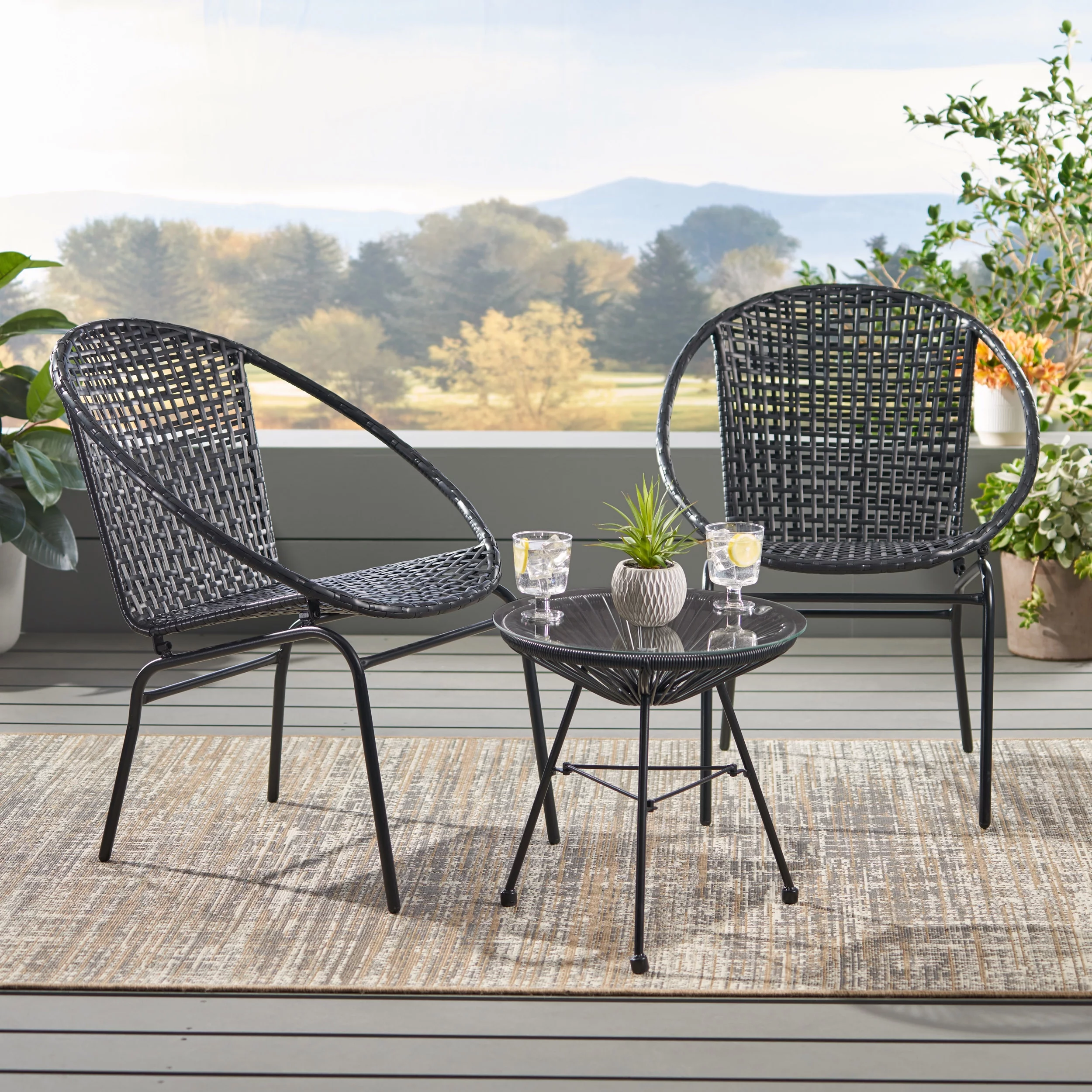 Cing Outdoor Modern 2 Seater Faux Rattan Chat Set, Black