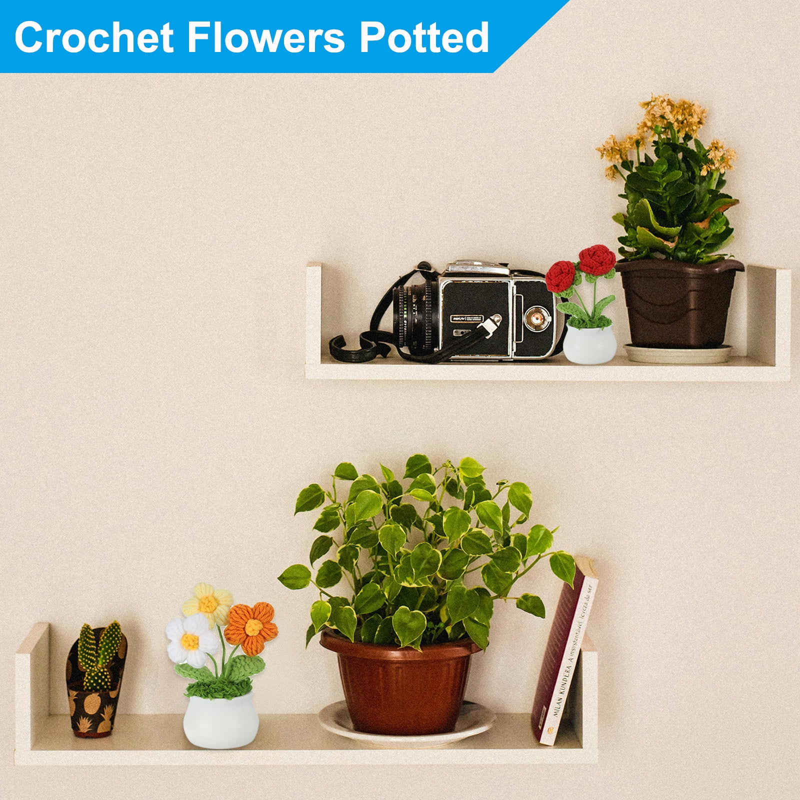 Uxcell Crochet Flowers Potted, 2 Head Rose Flower Handmade Knitted Mini Potted Plants, Gradient Pink Purple