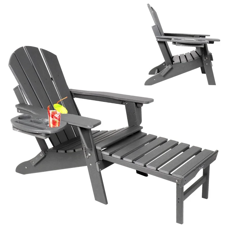 Folding Adirondack Chair with Retractable Ottoman, HDPE All-Weather Resistant Adjustable Backrest Adirondack Chair w/4 in 1 Cup Holder Trays, Wood Texture Grey