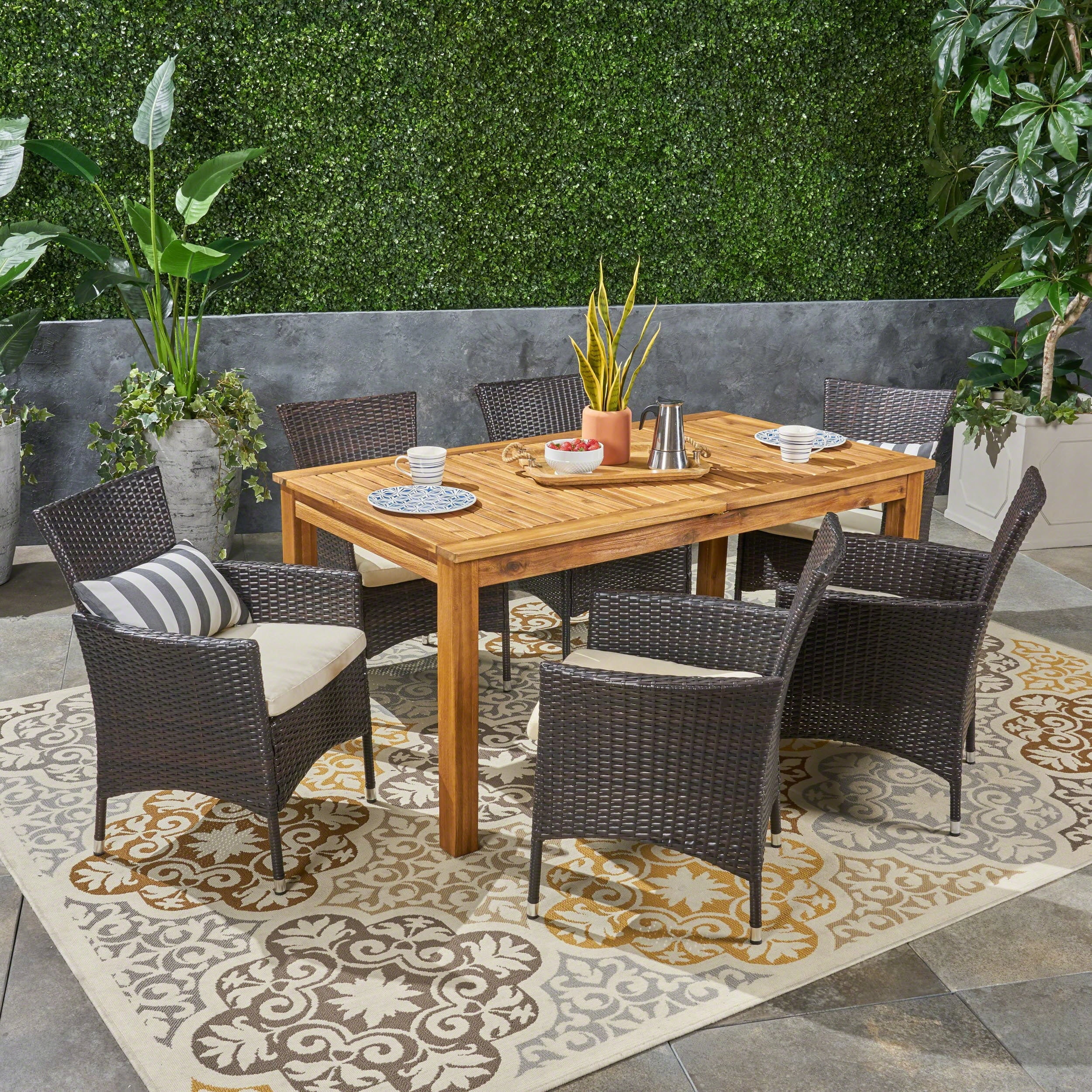 Christopher Knight Home Nora Outdoor 7 Piece Acacia Wood and Wicker Expandable Dining Set by  natural + multi brown + beige cushion