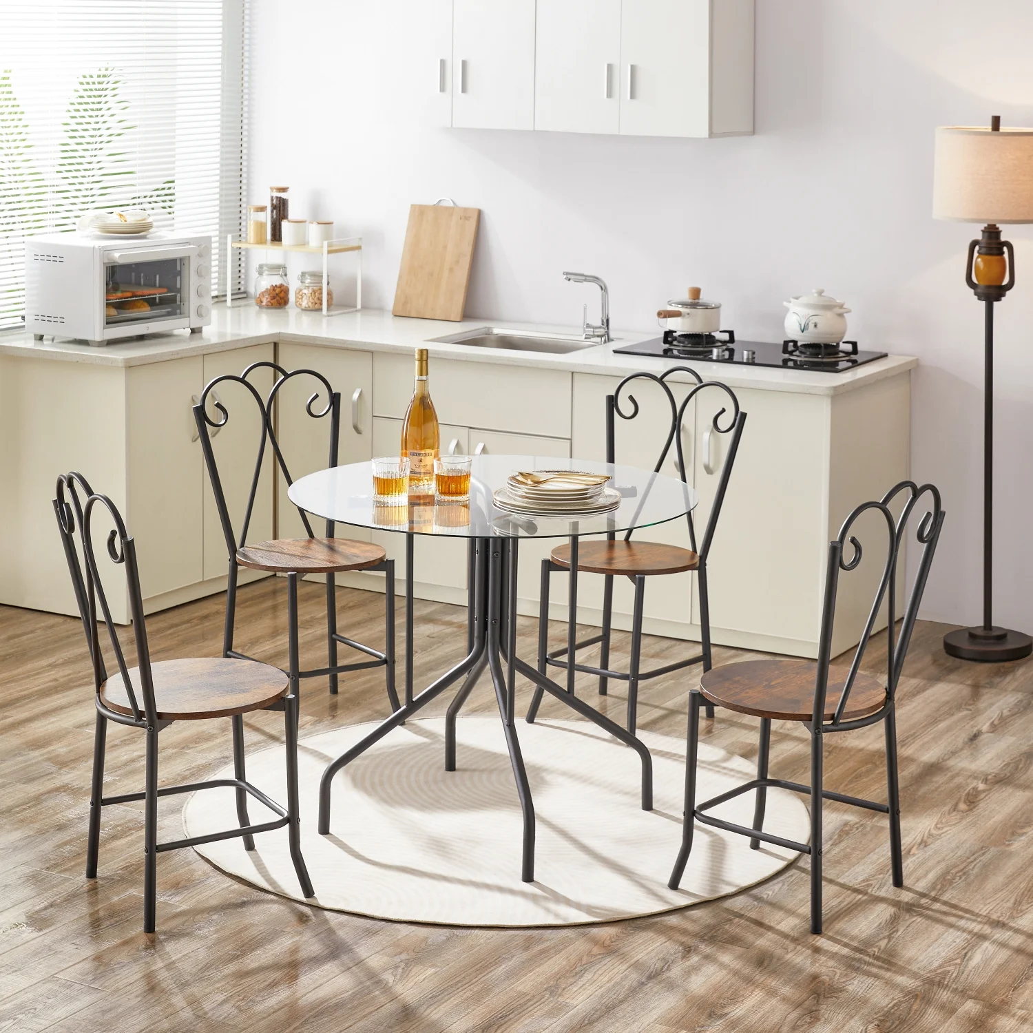 YPDCHB 5-Piece Tempered Glass Table w/ 4 Chairs Modern Round Dining Table  Set for Home  Kitchen  Dining Room Dining Table and Chair