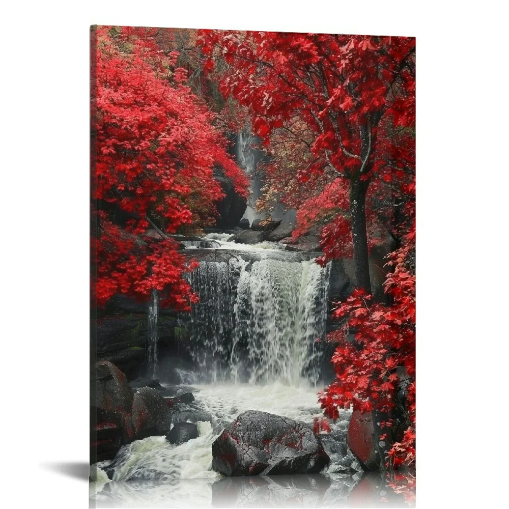 Nawypu  Red Waterfall Canvas Wall Art Decor Vertical Decorative Prints Forest Landscape Picture for Living Room Kitchen Bedroom Office Home Decor Gift