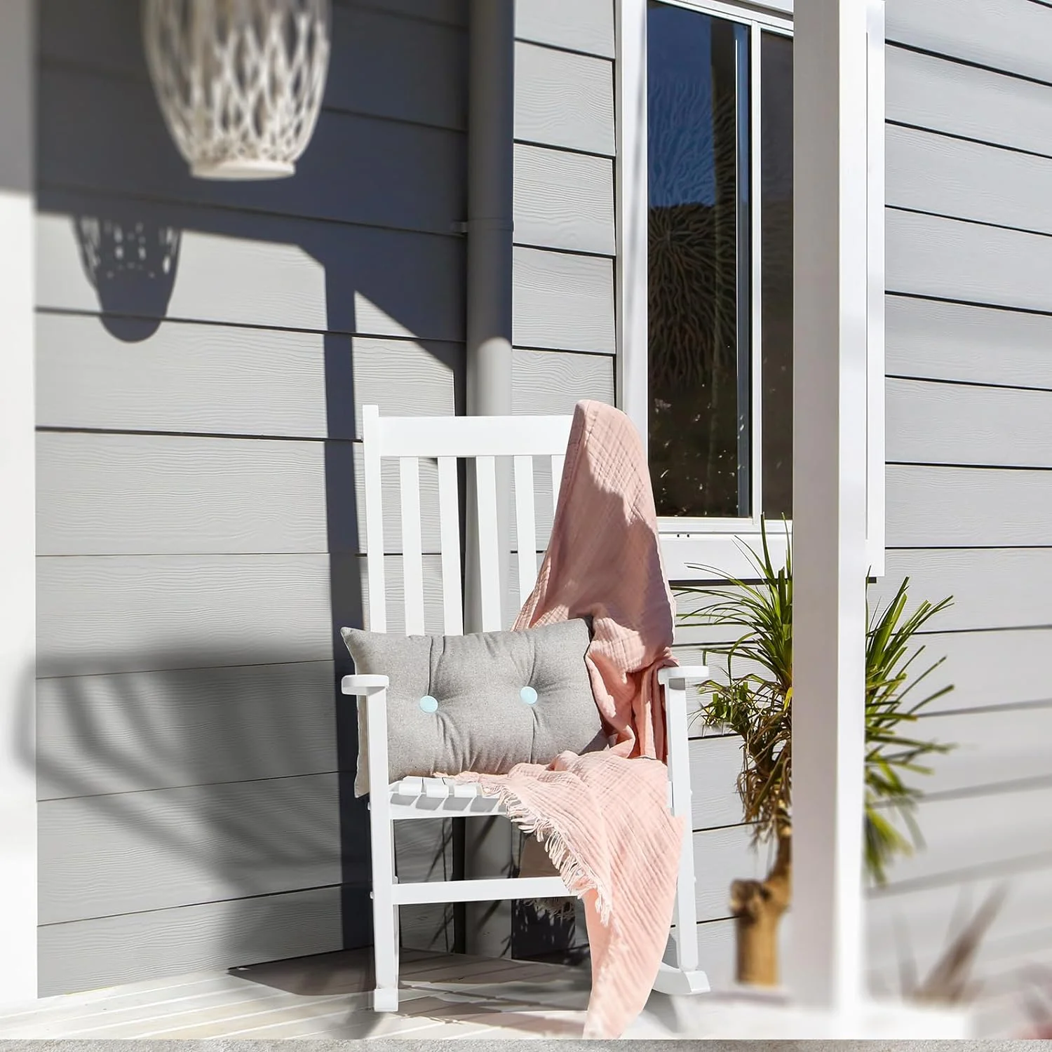 Outdoor Rocking Chair, Solid Wood High Back Rocker, All Weather Lounge Chair for Porch Patio Fire Pit Garden Backyard Deck Indoor, White