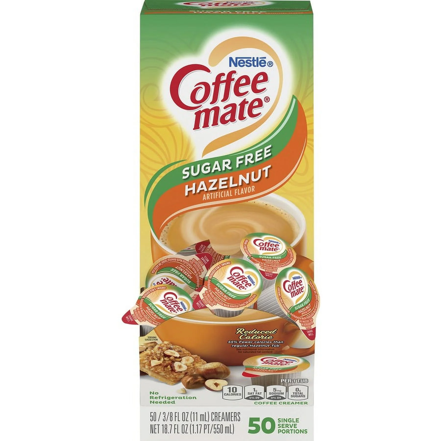 Coffee-Mate Sugar Free Hazelnut Flavored Creamer Singles - Hazelnut Flavor - 0.38 fl oz (11 mL) - 50/Box
