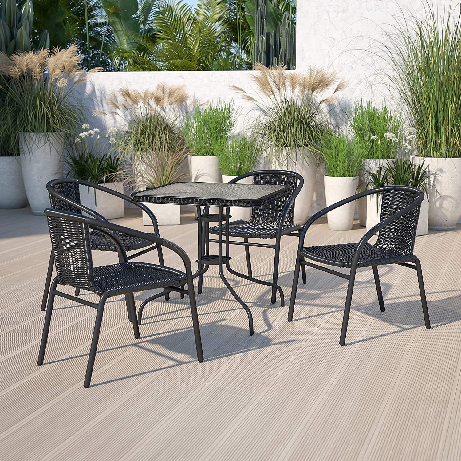 4 Pack Black Rattan Indoor-Outdoor Restaurant Stack Chair