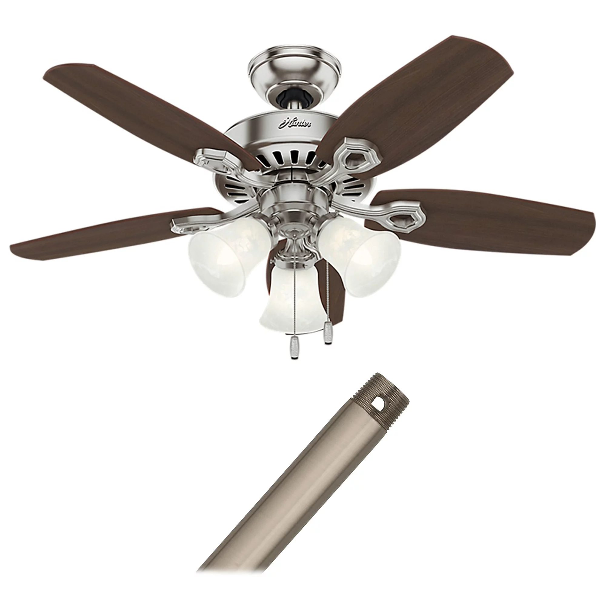 Hunter 52106 Builder 42-Inch Ceiling Fan with Lights for Small Rooms (Brazilian Cherry/Harvest Mahogany Blades with Brushed Nickel Finish) & 26019 Brushed Nickel Downrod (12-Inch)