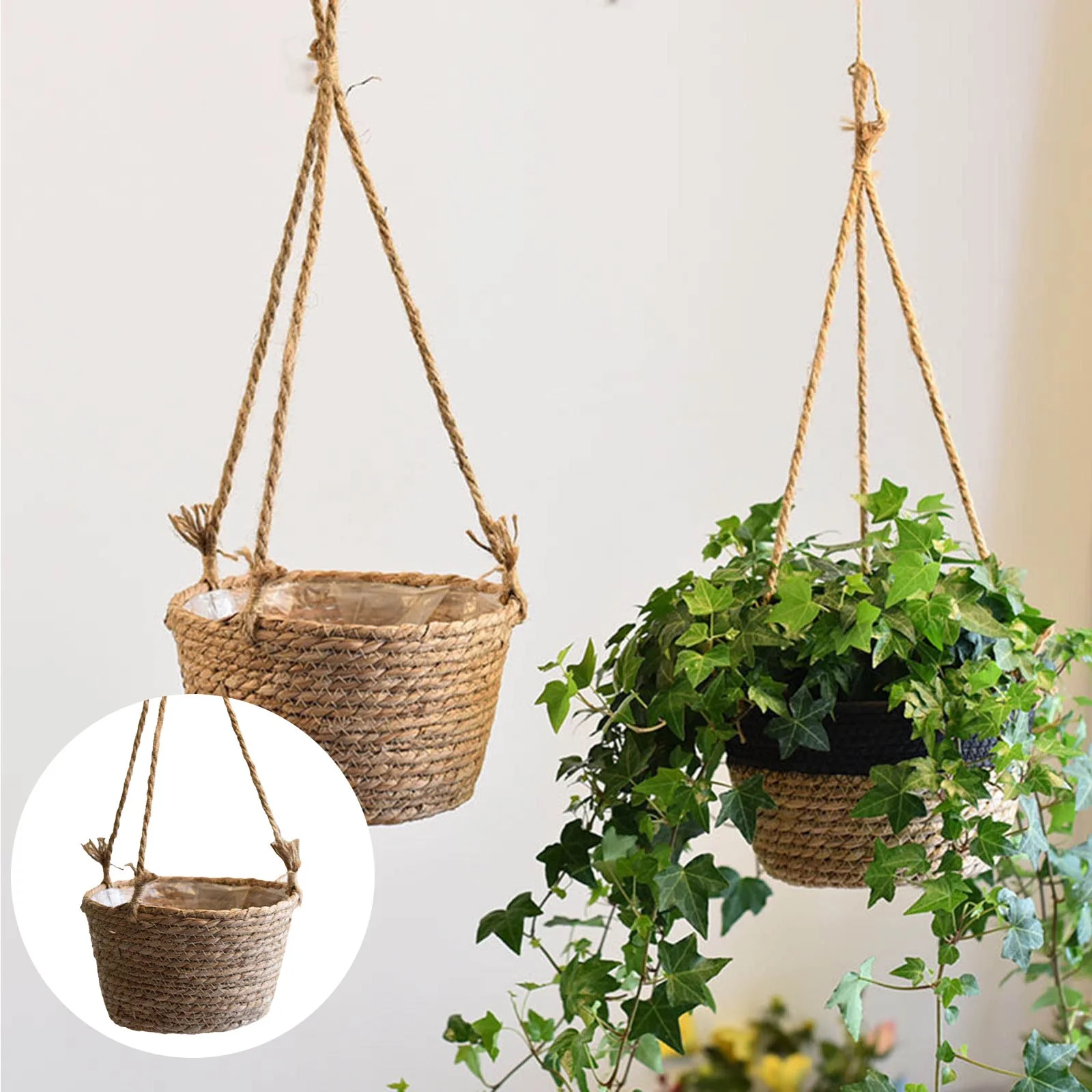 Hand Woven Knitted Straw Rope Hanging Planter Baskets Flower Pot Holder Containers Storage Organizer Hanging Pots For Indoor Utility Tool